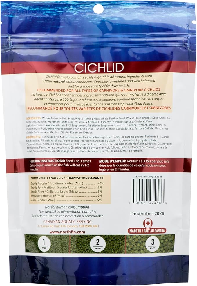 Northfin Cichlid Formula Fish Food – Slow Sinking Pellets for Cichlids (2mm, 250g) | Premium High-Protein, All-Natural Cichlid Diet to Enhance Color & Growth – No Fillers, No Hormones, Made in Canada