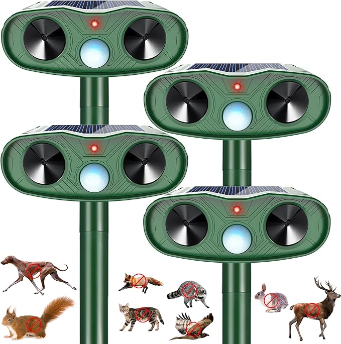 2025 Solar Ultrasonic Animal Repellent Sonic Fortress Pro Raccoon Repellent Cat Repeller Deer Deterrent with Motion Sensor to Keep Squirrel Rabbit Dog Skunk Out of Garden Yard(4Pack)