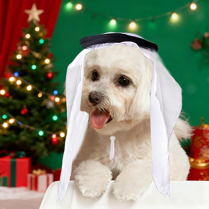 Christmas Pet Arab Hat for Cats and Small Dogs - Traditional Middle Eastern Pet Head Wrap, Funny Role Play Festival Costume Accessory (Classic White)