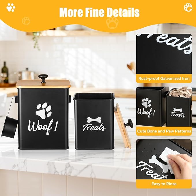Dog Treat Containers Set of 2, Dog Food Storage Containers with Airtight Lids, Metal dog treat jars for Kitchen Countertop, Pet Food Canister Keep Snack Fresh, 5.9"×5.9"×7.1", Black