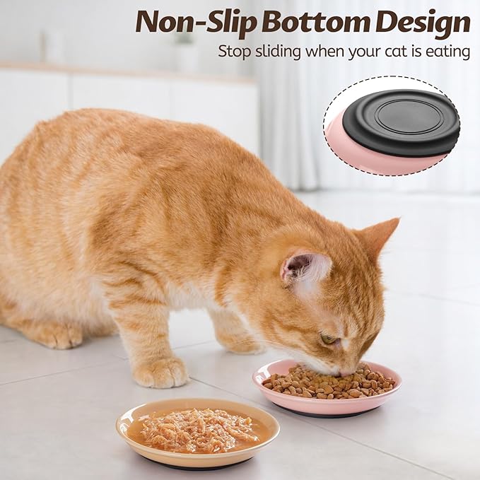 Colorful Cat Food Bowl,Non-Slip Silicone Bottom Cat Bowls for Indoor Cats,Anti Whisker Fatigue Cats Dishes Set,Shallow Wide Kitten Plates for Food and Water,4 Pack