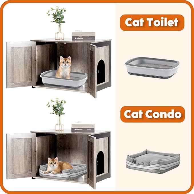 Dwanton Litter Box Enclosure, Cat Litter Box Furniture Hidden, Reversible Entrance Can Be on Left or Right Side, Wooden Cat Washroom Indoor, Greige, 27.6 Inches