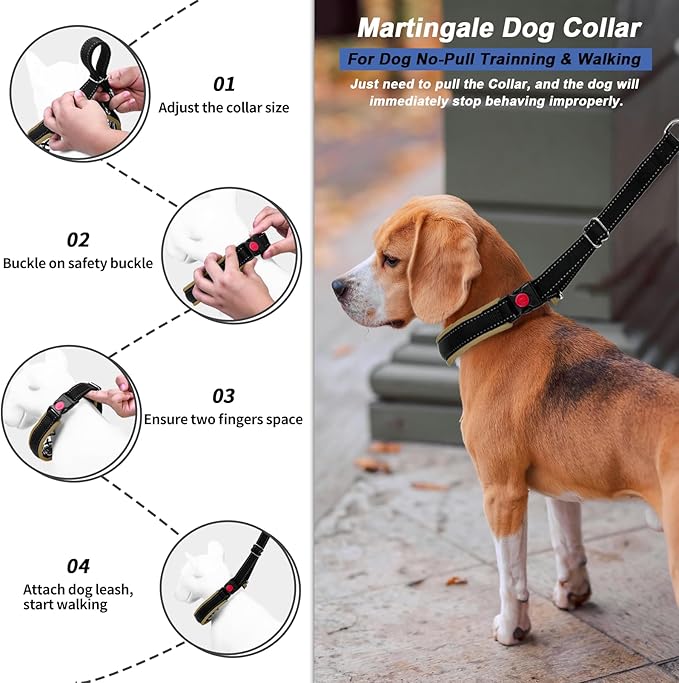 Martingale Collar for Dogs, Hidden No Pull Dog Collar with Buckle, Reflective Nylon Choke Collar Adjustable Limited Slip Collar for Large Medium Small Dogs Anti Pull Training Walking S Khaki