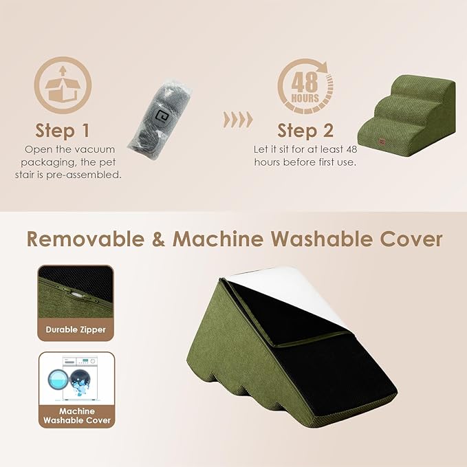 EHEYCIGA Curved Dog Stairs Ramp for Small Dogs 15.7" H, 3-Step Dog Steps for Couch Sofa and Chair, Pet Stairs for Cats, Non-Slip Balanced Pet Steps Indoor, Olive Green