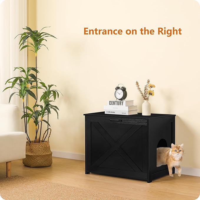 Dwanton Cat Litter Box Furniture Hidden, Cat Litter Box Enclosure, Reversible Entrance Can Be on Left or Right Side, Indoor Cabinet, Wooden Washroom, End Table, Nightstand, Black, 27.6" L