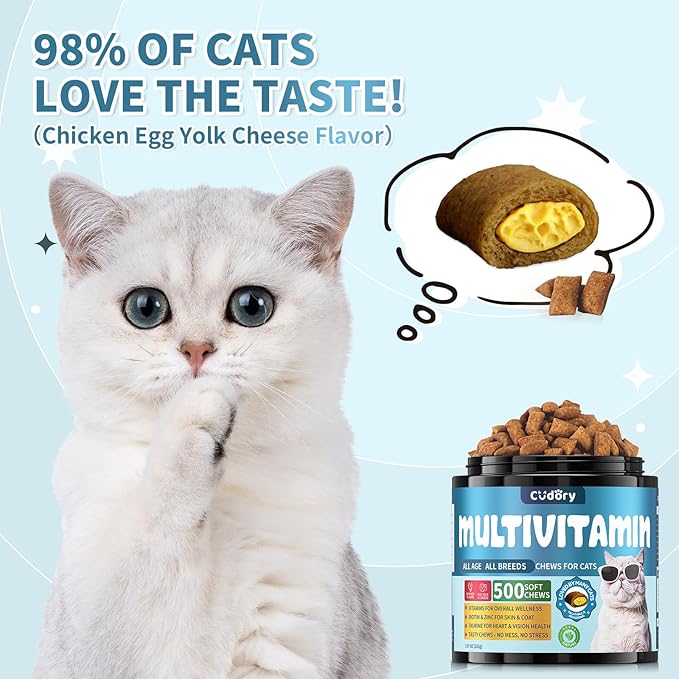 Taurine for Cats Vitamins Treats Snacks – Cat Multivitamin 500 Crunchy & Creamy Chews – Supports Immune, Joints, Digestion, Skin & Coat – Daily Healthy Supplement for Cats of All Ages (90-Day Supply)