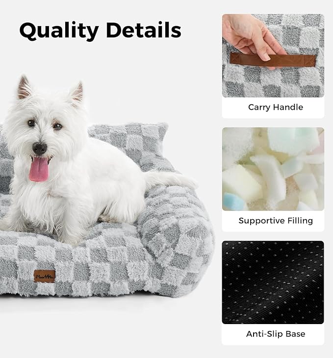 Made4Pets Dog Couch Bed, Soft Faux Fur Checkered Indoor Pet Sofa, Comfortable Fluffy Dog Sofa with Supportive Foam, Removable Washable Cover with Non-Slip Base, Grey, Large