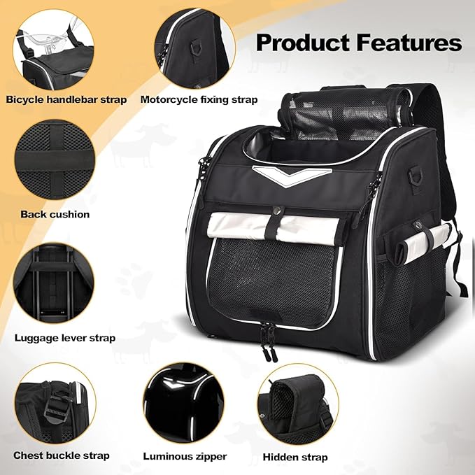 Dog Bike Basket, Foldable Pet Bike Carrier Backpack with Safety Strap, Waterproof Pet Bike Basket Suitable for Small Cats Kitten Puppy Dogs （New Black）