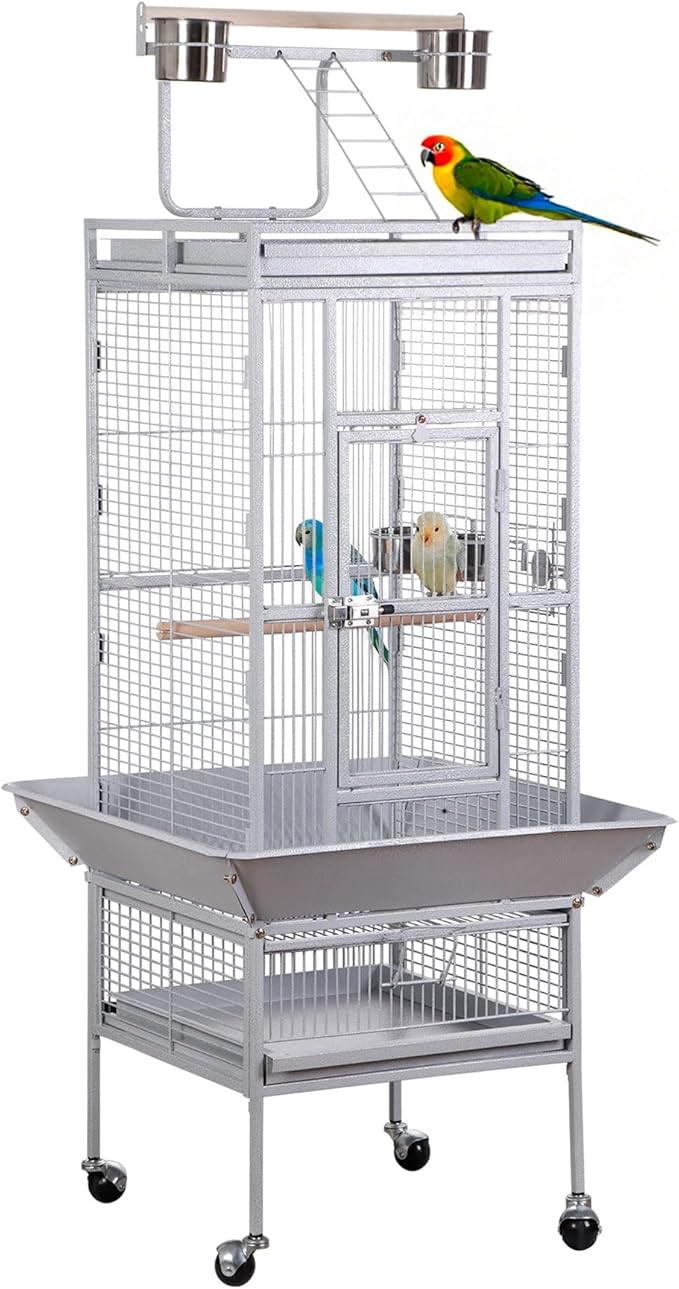 LEMY 61 Inch Bird Cage,Large Iron Flight Parakeet Cage with Play Top and Rolling Stand,White Indoor&Outdoor Use Birdcage for Parrots,Cockatiels,Conures,Lovebirds, Small Birds