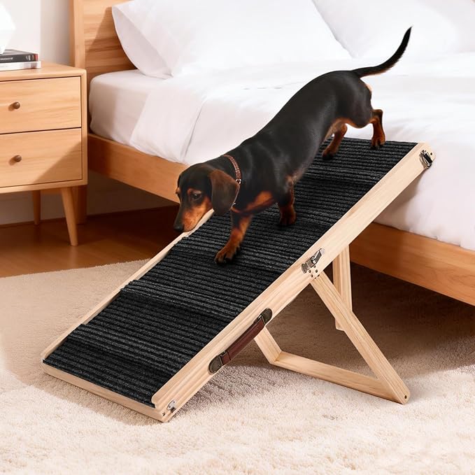 39" Long Dog Ramp for Bed, Couch & Car - 5 Level Adjustable Height (10.4" to 24.4"), Foldable Portable Wooden Pet Ramp with Non-Slip Surface, for Small & Old Dogs Up to 70 LBS