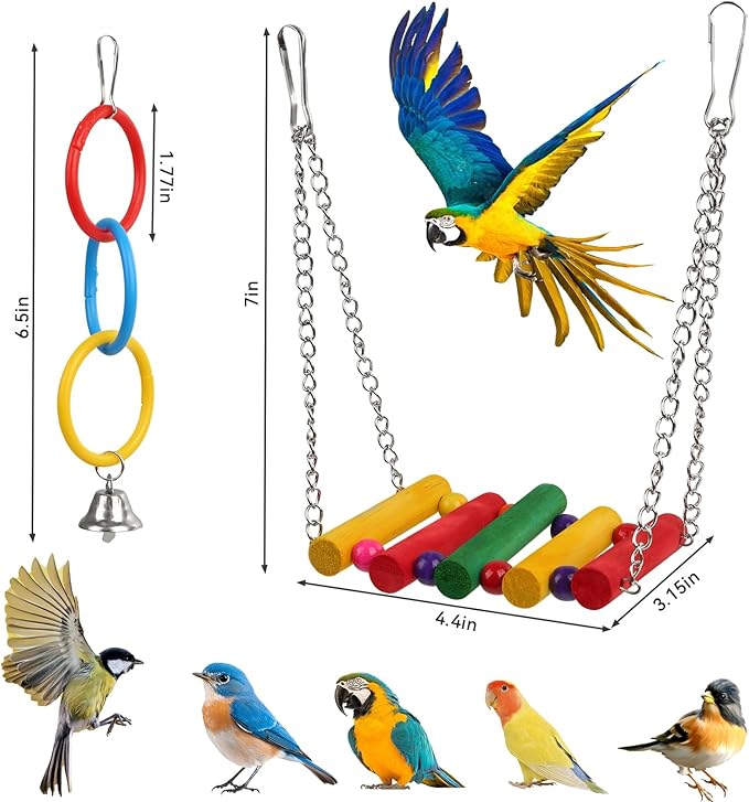 Perch Platform Bird Toys with Bird Mirror Climbing Ladder Swing,Tricolor Ring,Birds Perch Platform Bird Toys,Wooden Bird Cage Accessories,Suitable for Various Parrots and Birds