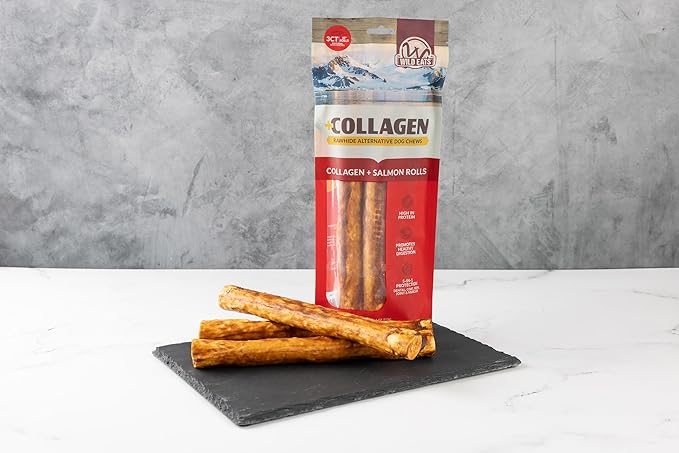 Wild Eats Salmon Flavor Collagen Retriever Style Cheek Roll 10" Dog Chews-3 Pack (Long Lasting Dog Chews Treats & Bones for Medium Dogs) Substitute for Pig Ears for Dogs