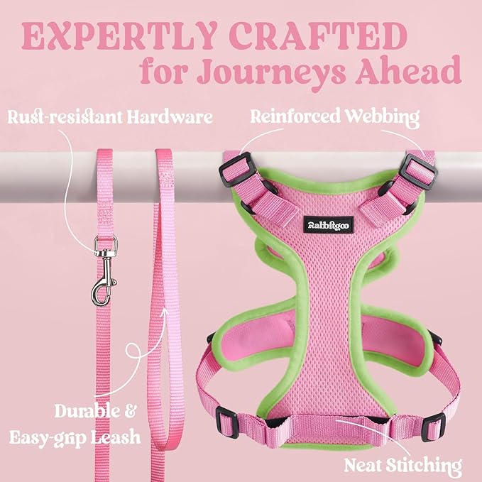 rabbitgoo Cat Harness and Leash for Walking, Escape Proof Soft Adjustable Vest Harnesses for Cats, Easy Control Breathable Reflective Strips Jacket, Pink&Light Green, M