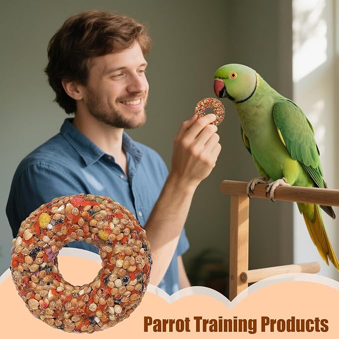 Parakeet Toys - Grain Treats, Donut Shape Teether | Enrichment Activity Training Chewing Snack with Aviary Accessories for Budgies, Cockatiels, Lovebirds and Other Small Birds Healthy Foraging Play