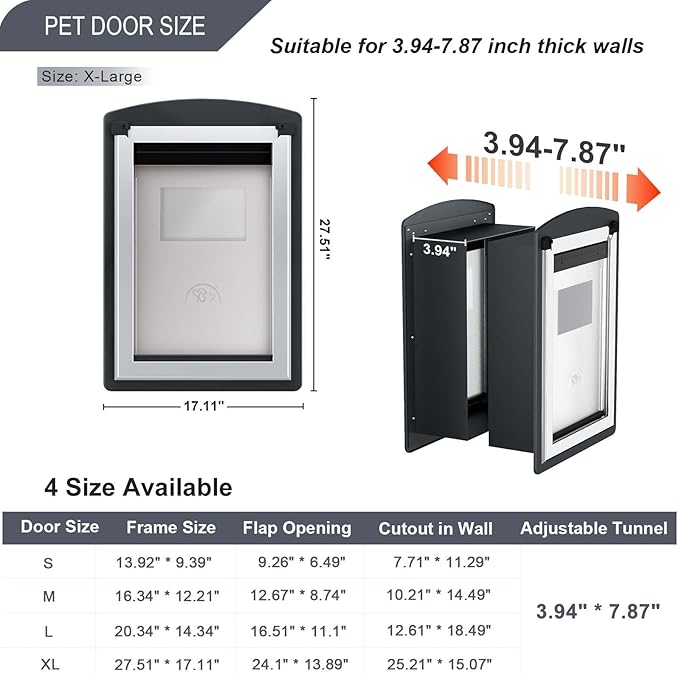 FreeStanding Dog Door for Wall, Extra Large Dog Door with Steel Frame and Telescoping Tunnel, Double Magnetic Flaps and Two Sliding Lock Panels, Easy to Install, Up to 220LBS, Gray
