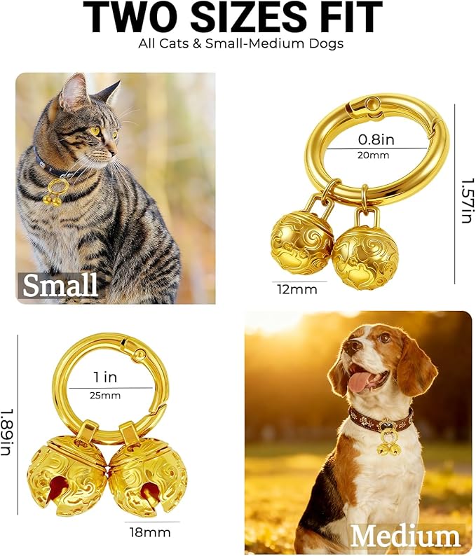 Dog Bells for Collar - 2 Pack Gold Plated Brass Dog & Cat Bells with Engraved Protective Charm, Quick Clasp for Anti-Lost Tracking, Gift for Small & Medium Pet Lovers (Gold,S+M)