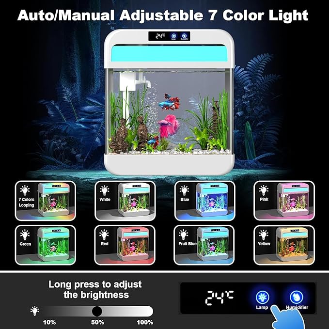 Fish Tank 2.2 Gallon Fish Bowl with Humidifier 7 Color Auto-Looping Light Aquarium Tank with 3 in 1 Silent Pump with Filteration & Oxygenation & Circulation(White-2.2 Gallon)