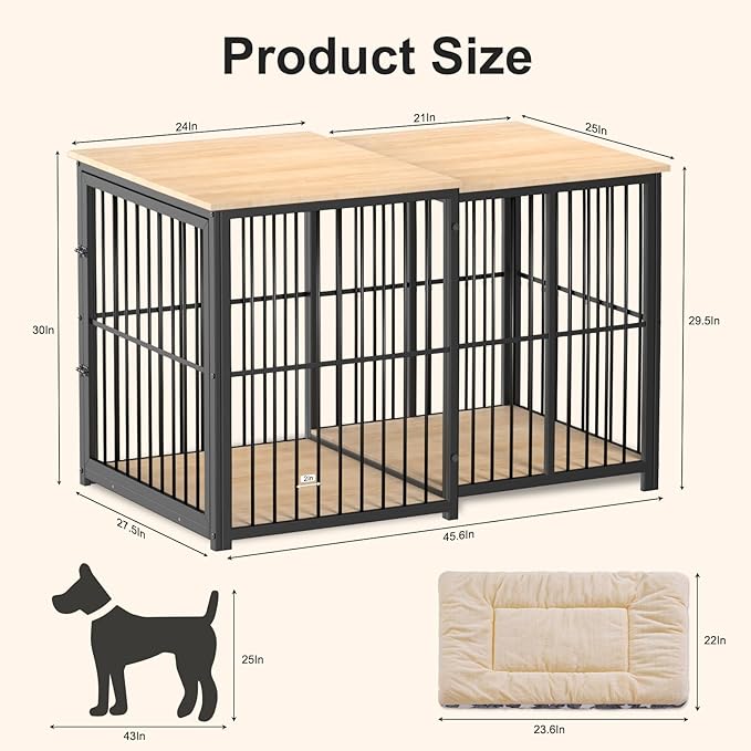 Erinnyees 45.6" Dog Crate Furniture, Wooden Dog Kennel with Retractable Design for Small Medium Large Dogs, Heavy-Duty Side Table Style Indoor Dog Cage with Cushion, 24–45.6 Inch