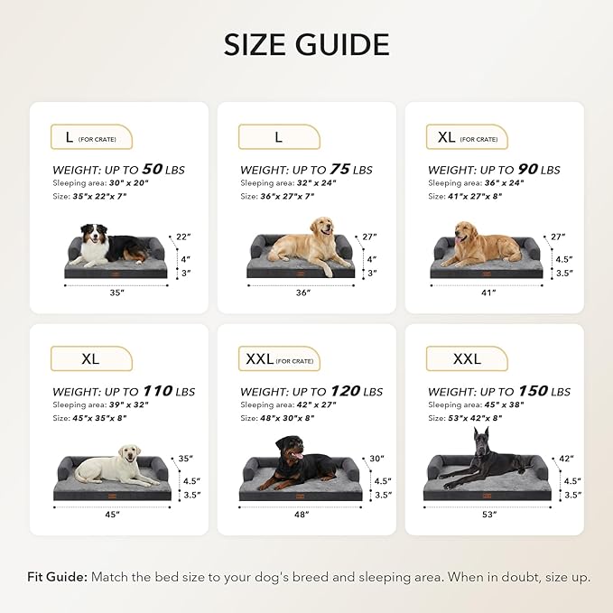 Orthopedic Dog Beds for Extra Large Dogs, Waterproof Egg Crate Foam XL Dog Bed with Sides 48x30Inch, Big Dogs Couch Beds with Removable Washable Cover and Nonskid Bottom, Dark Grey