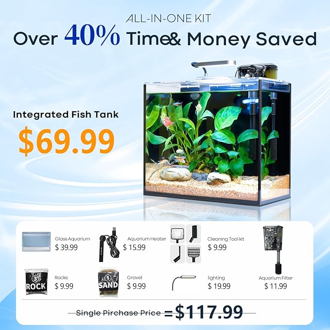 2.6 Gallon Small Aquarium Set Glass Fish Tank, Starter Kit with Heater Water Pump Cleaning System Filter Bright Light Rocks Gravel Cleaning Tool, Leak-Proof Clear Rimless Desktop Spaces Saving Betta