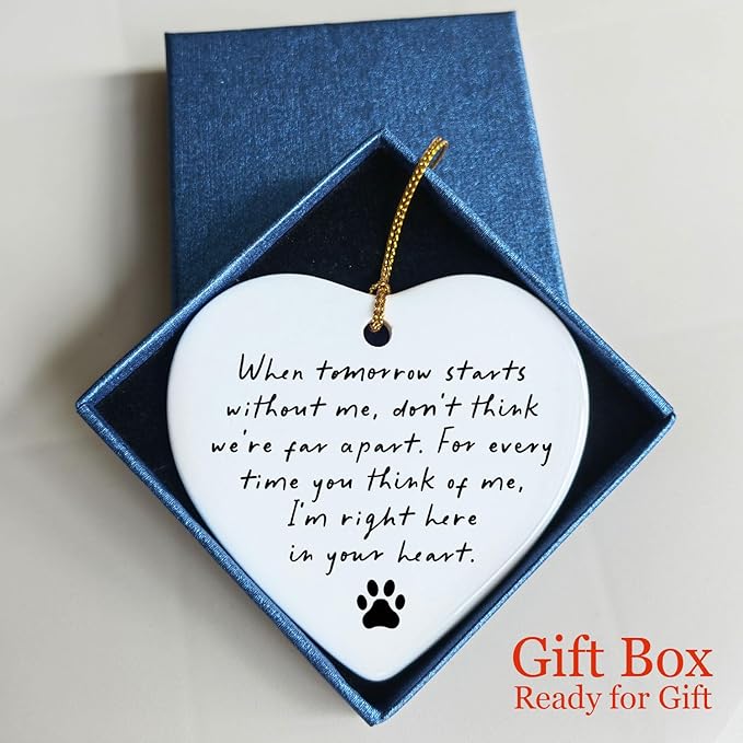 Pet Memorial Ceramic Heart Keepsake, “When Tomorrow Starts Without Me” Remembrance Ornament for Dog or Cat, Loving Memory Sympathy Decor with Gift Box, Pet Loss Bereavement Hanging Heart