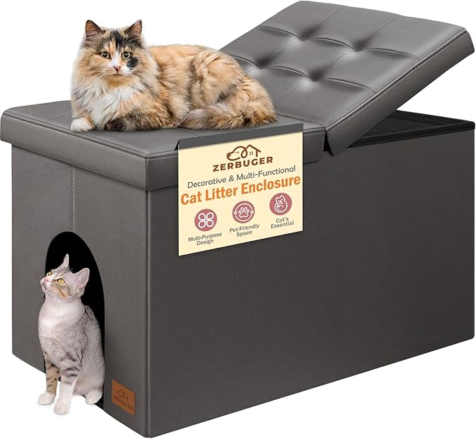 Cat Litter Box Enclosure Furniture for Odor Control, Hidden Cabinet Cat Litter Box Furniture Ottoman with Flip-Up Lid,Cats Litter Box Bench with Storage Space, Dog Proof (Gray-Faux Leather, X-Large)
