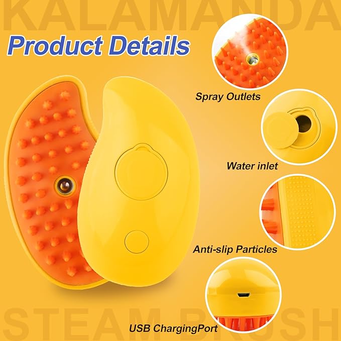 Cat Steam Brush, 3 in 1 Dog Steamy Brush Cleanser, Silicone Massage Grooming Comb, Pet Hair Cleaning Misting Comb for Cats Dogs(Mango Yellow)