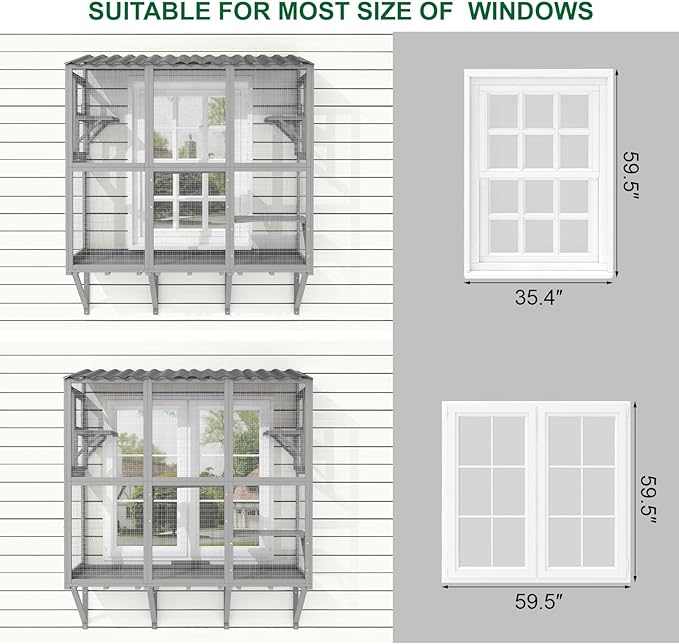 Window Box Enclosure, All-Weather Cat Catio for Multiple Indoor Cats, Wooden Window Catio with 4 Platforms & 3 Doors, Expandable Pet Perch House for Sunbathing