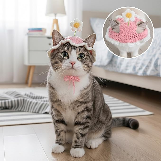 Cat Hat Cute Pink Flower Costume Hats for Cats, Cat Part Hat with Ear Holes and Adjustable tie Soft Washable Outfits Hats for Parties Birthday