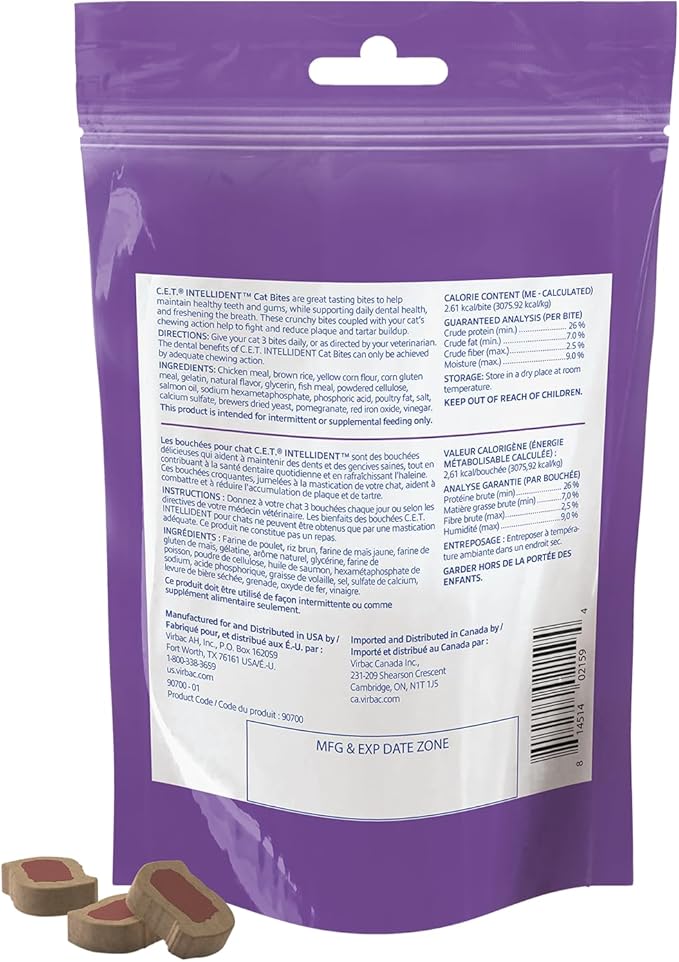 Virbac C.E.T.® INTELLIDENT® Cat Bites for Dental Care | Healthy Teeth and Gums | Fresh Breath,Chicken Flavor,(Pack of 2)