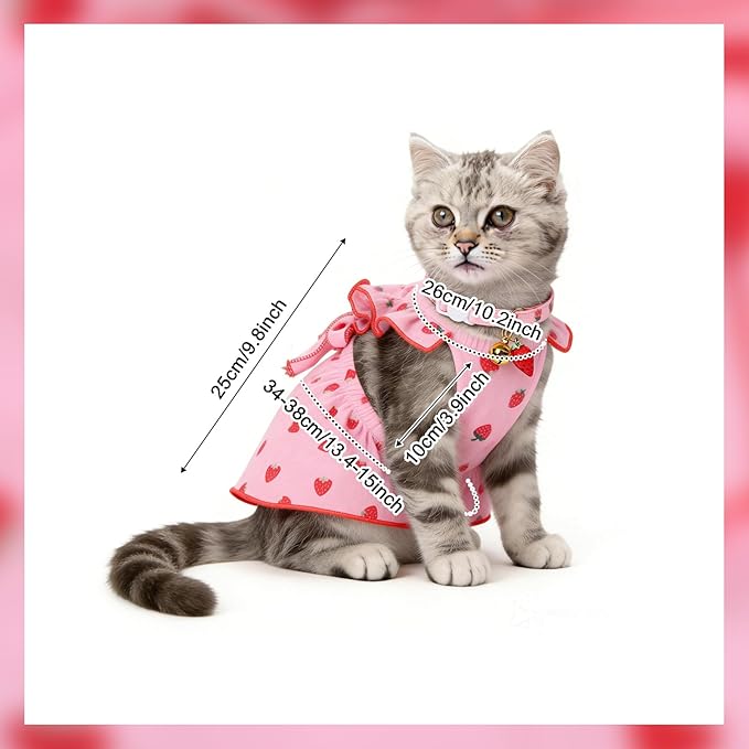 2-Piecs Cotton Detachable Pet Cat Dog Collar with Strawberry Pendant and Bell + 1-Piece Small Dog Cat Dress, Girl's Cat Costume, Cute Bow-Decorated Outfit, Strawberry Print Pet Birthday Set (Small)