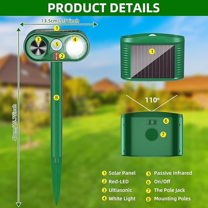 2026 Solar Animal Repellent Ultrasonic Outdoor Cat Repellent Solar Animal Repeller with Motion Sensor&LED Flashlight Deer Repellent Devices Repels All Animal Repellent Outdoor,Protect Plants
