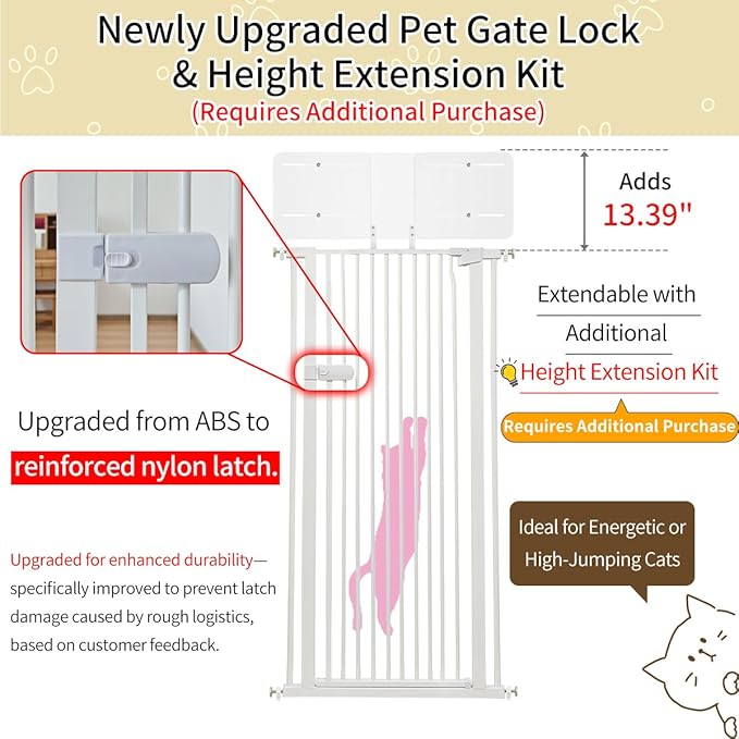 Lumizone Extra Tall Cat Gate 61.02" High Pressure Mounted Extra Wide 2025 New (17 Sizes) 1.37" Gap No Drilling Auto-Close One-Handed Operation Tall Pet Gate for Dogs(White, 61.02" H x 29.92"-59.44" W)