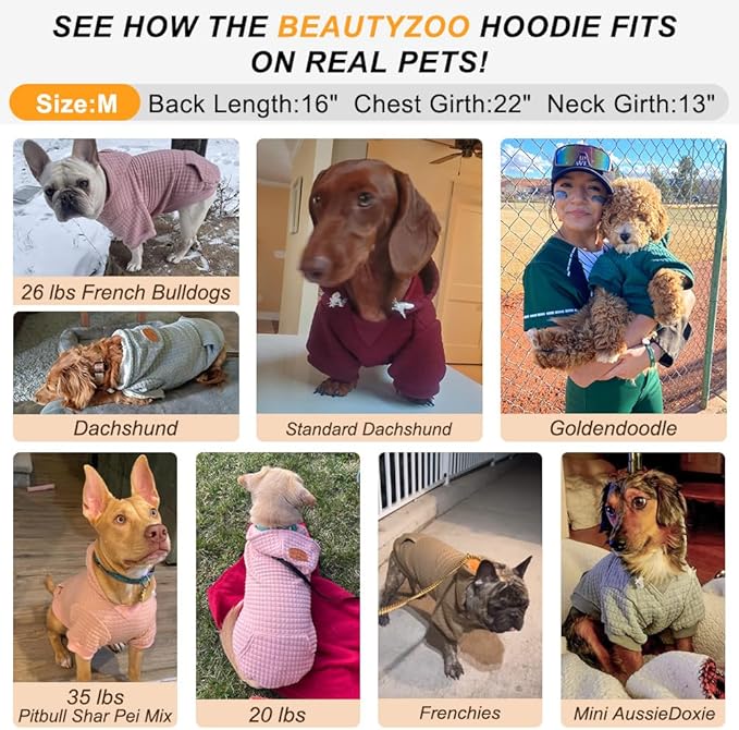 BEAUTYZOO Small Dog Hoodie Sweater with Pockets, Dog Clothes for Small Medium Dogs Boy Girl, Waffle-Like Laminated Cotton Pet Coats with Hat and Leash Hole, Dark Grey M