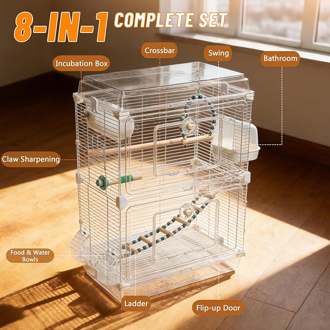 8-in-1 Clear View Bird Cage - Double Layer Small Birdcage with Common Accessories, Indoor & Travel Bird Carrier for Canary, Parakeet, Parrot, Budgies, Cockatiels, 18 * 12 * 27in