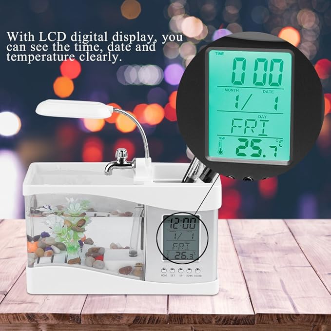 Multifunctional Mini Fish Tank, Desktop Fish Tank Aquarium USB Rechargeable Mini Fish Tank Aquarium Mini Fish Bowl with Clock Function LED Light (White)