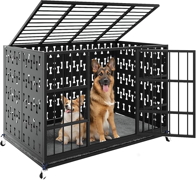 LEMBERI 48 inch Indestructible Heavy Duty Dog Crate with Cushion, High Anxiety Extra Large Dog Cage for Large Dogs, XL Steel Escape Proof Dog Kennel with Locking Wheels