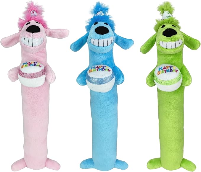 Multipet Loofa Dog Plush Toy w/ Birthday Hat - Squeaky Dog Toy for Dogs - Soft Plush - Stuffed Animal Dog Toys for Playing (1 Count, 12”, Random Color Surprise)