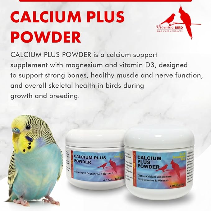 Morning Bird Calcium Plus Powder for Birds 4.5 oz – Calcium Supplement with Vitamin & Protein Powder – Supports Bone Health, Muscle Function & Digestive Balance – Easy-to-Mix Calcium Formula