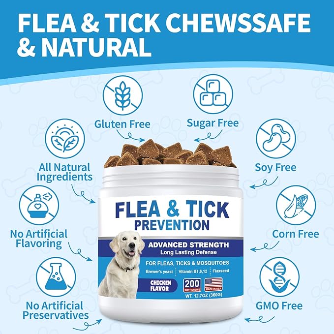 Flea and Tick Prevention for Dogs Chewables 200Ct - Flea and Tick Chews Supplement, Vet Recommended Supplement Chews, Skin & Coat Support for Dogs, Puppies, All Breeds & Sizes