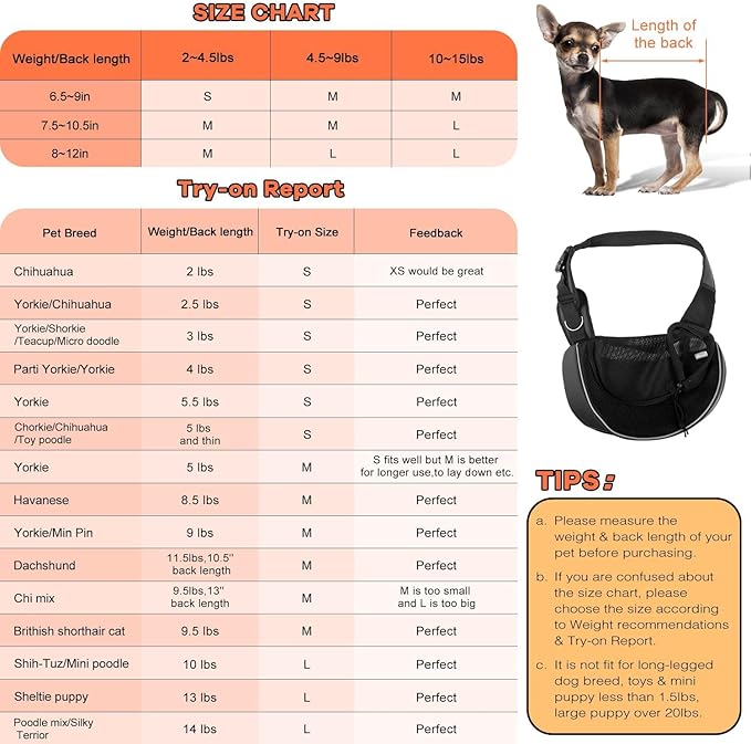 YUDODO Pet Sling Carrier for 2-5 lbs Small Dogs & Cats – Hands-Free Puppy Carrier with Safety Hook, Large Zipper Pocket, Soft Breathable Mesh, Adjustable Strap & Reflective Strip (Black 3.0 S)
