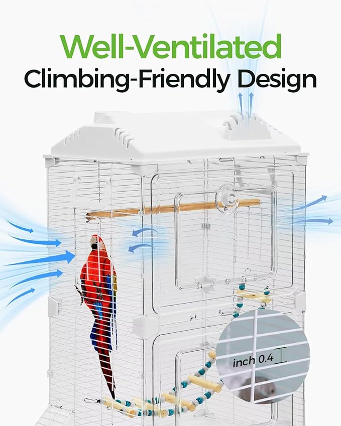 Clear View Bird Cage, Indoor & Travel Small Birdcage for Parakeet, Parrot, Budgies, Cockatiels, Canary |Easy Clean Safe Materials (White, Medium)