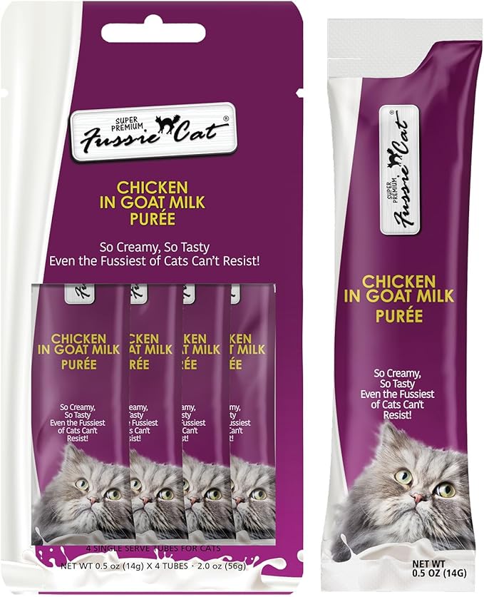 Fussie Cat Super Premium Chicken in Goat Milk Puree, lickable cat Treats, 0.5oz Pouch Pack of 4