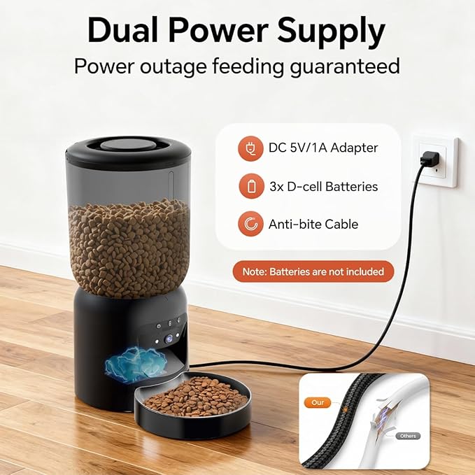 Automatic Pet Feeder with 3K HD Camera & App Control - Smart Dog Cat Feeder, 2.4G/5G WiFi, 2-Way Audio, Night Vision, Slow Feed, 6L Capacity, Battery Backup, Anti-Jam, Freshness Seal,Black