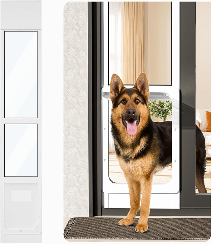 Large Dog Door for Sliding Glass Doors,No-Cut DIY Install Pet Door- Aluminum Frame& Panel & Lock, Adjustable Height 83”-91 1/5”, Suitable for Dogs Up to 105 lbs -White