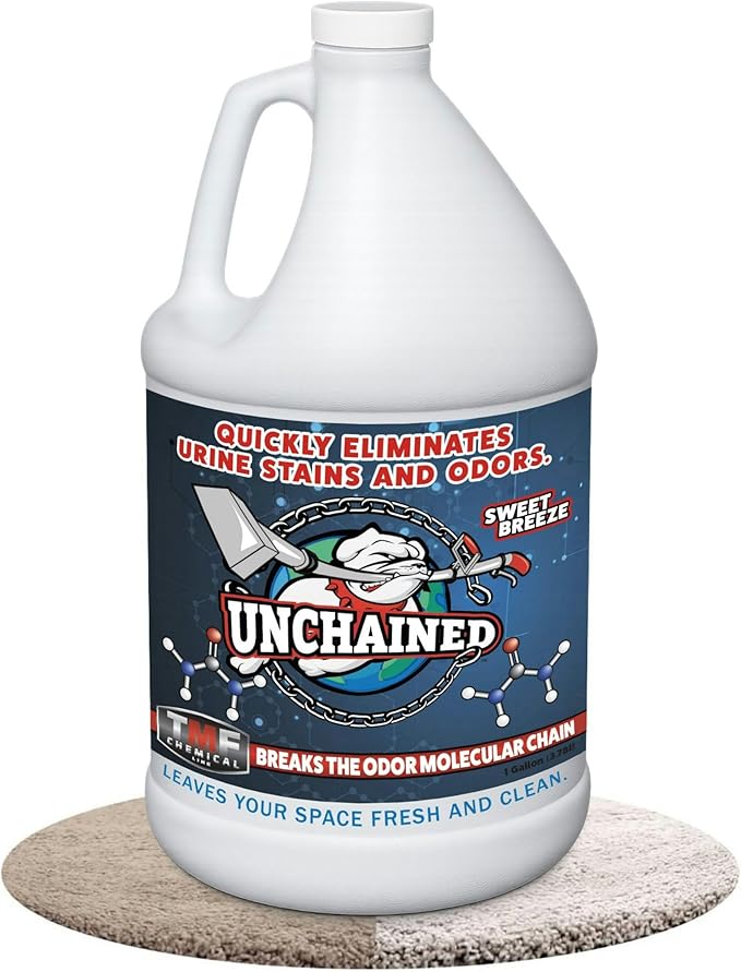 Unchained Urine Stain & Odor Remover – Cleaner for Dog & Cat, Pet Odor Eliminator on Carpet & Furniture, Industrial Strength Urine & Feces Neutralizer, Sweet Breeze – 1Gallon