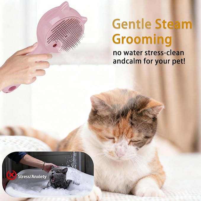 Pet Steam Brush for Cats & Dogs ，3-in-1 Pet Grooming Comb，Reduces Shedding, Soft Bristles, Promotes Healthy Coat-Comes - Includes Waterless Shampoo，Pink