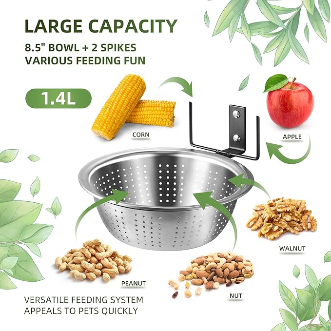 Squirrel Feeder with 8.5" Colander Bowl Tree/Fence Mounted, 2 Corn Cob Spikes for Various Food Backyard, Metal Squirrel Feeders for Outside, Removable Feed Bowl Nice to Clean/Refill,1 Set