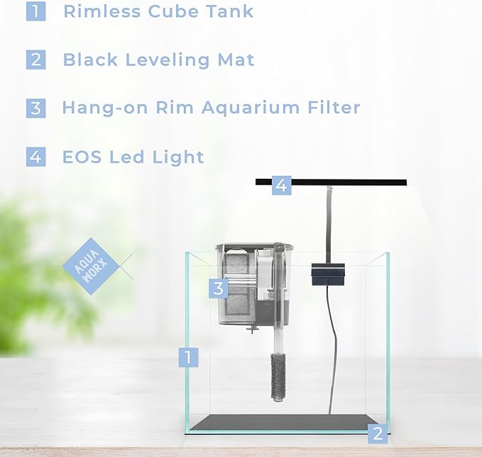 Cube Aquarium Starter Kit - Small Aquarium Kit - 2 Gallon Fish Tank, Black Leveling Mat, EOS LED Light, Glass Filter - Beginner Fish Tank Kit