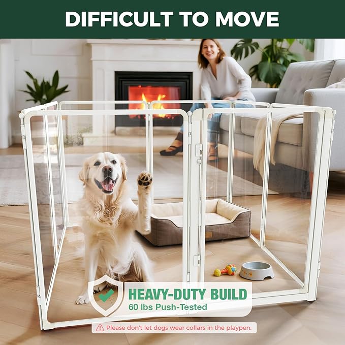FXW AuraSpace Pro Metal & Acrylic Indoor Dog Playpen, All-Acrylic Clear Heavy-Duty Design, 40" Height 8 Panels for Medium and Large Dogs, White│Patented
